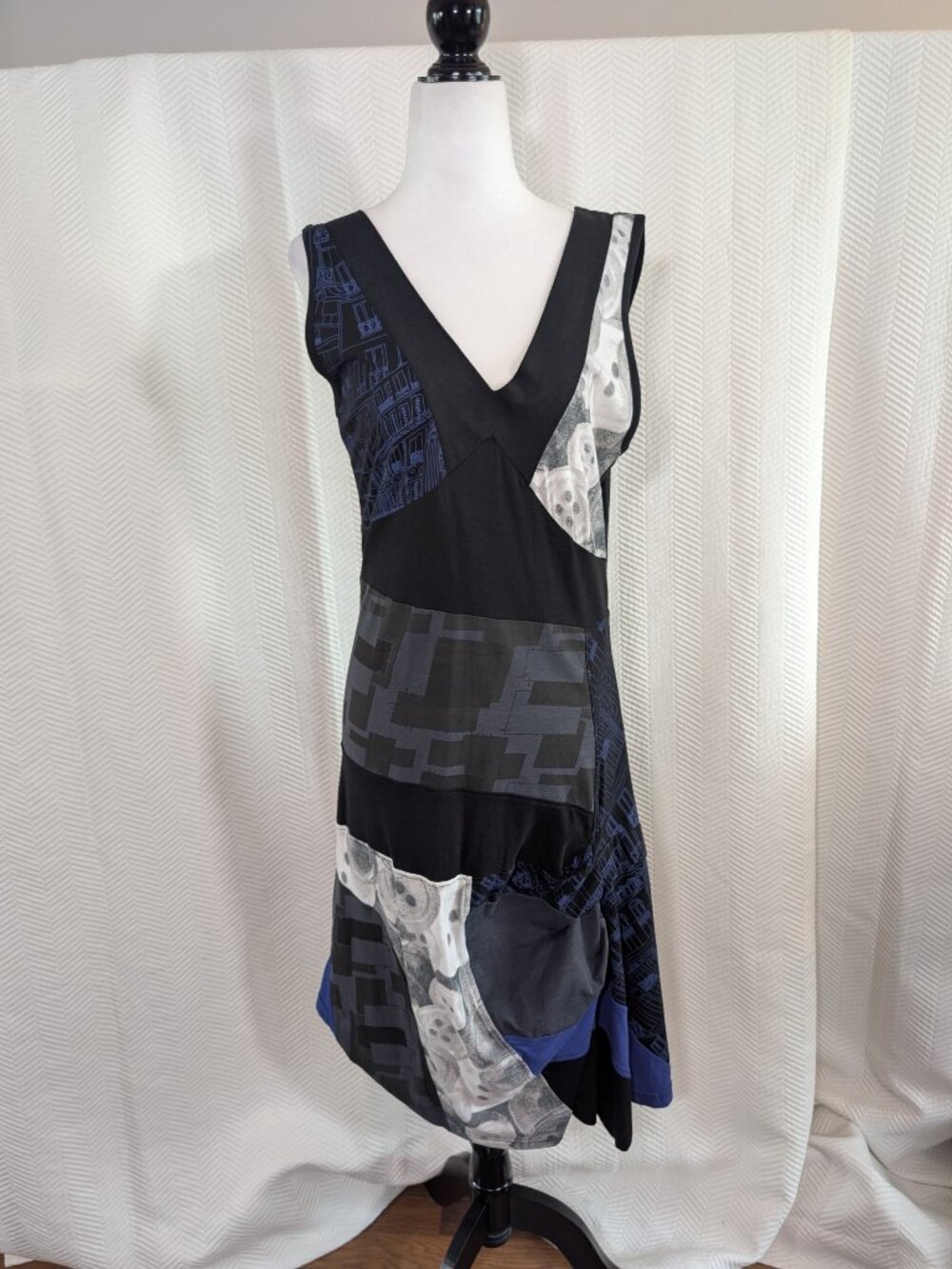 Linea Domani Mixed Print Dress Asymmetrical Black Blue Gray White Petite Medium